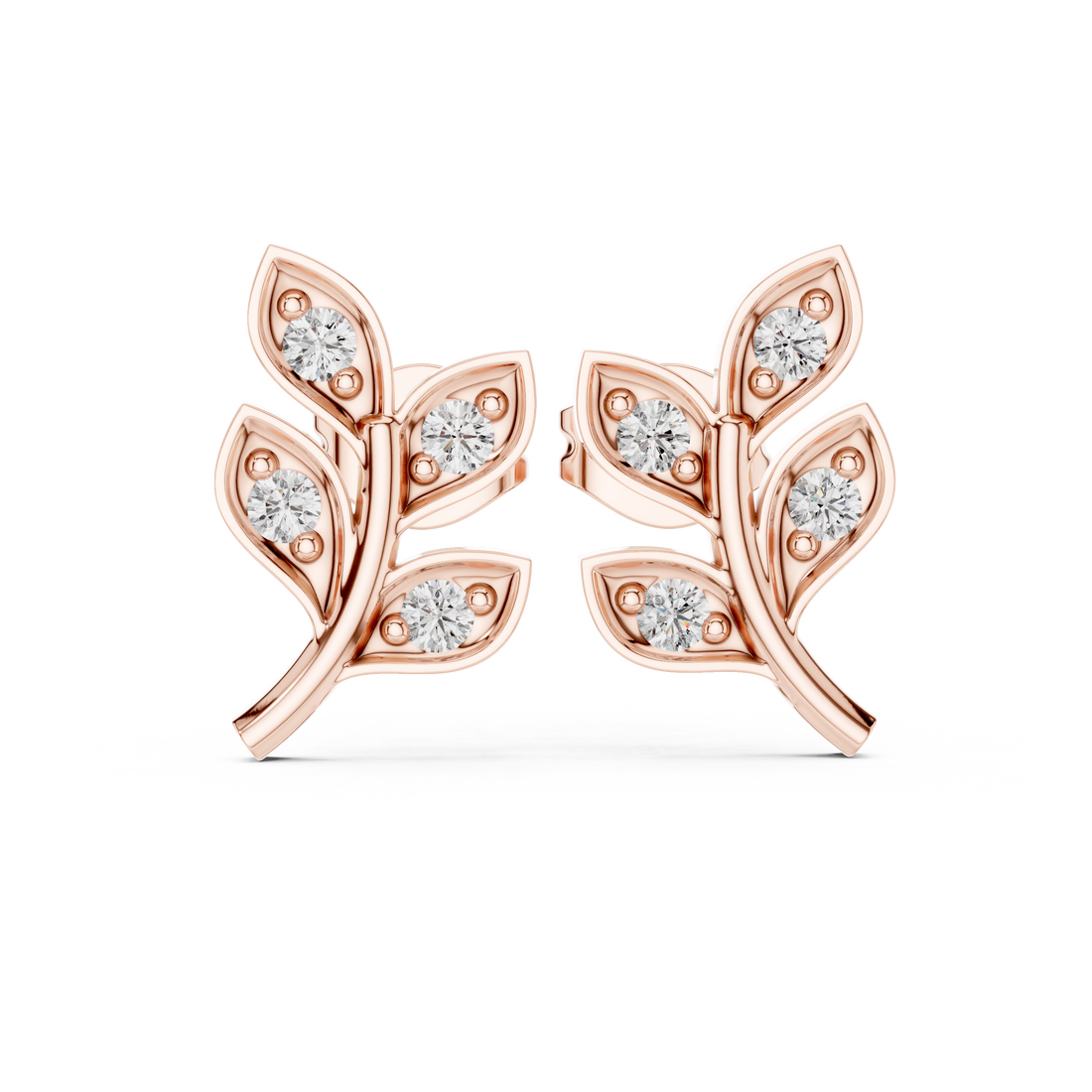 Round Brilliant Diamond Leaf Branch Stud Earrings with Nature Inspired Pavé Design