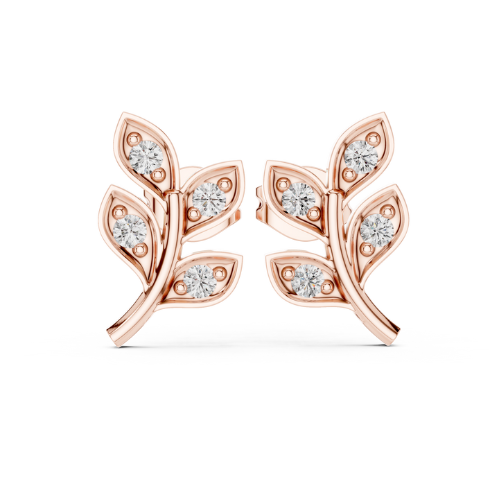Round Brilliant Diamond Leaf Branch Stud Earrings with Nature Inspired Pavé Design