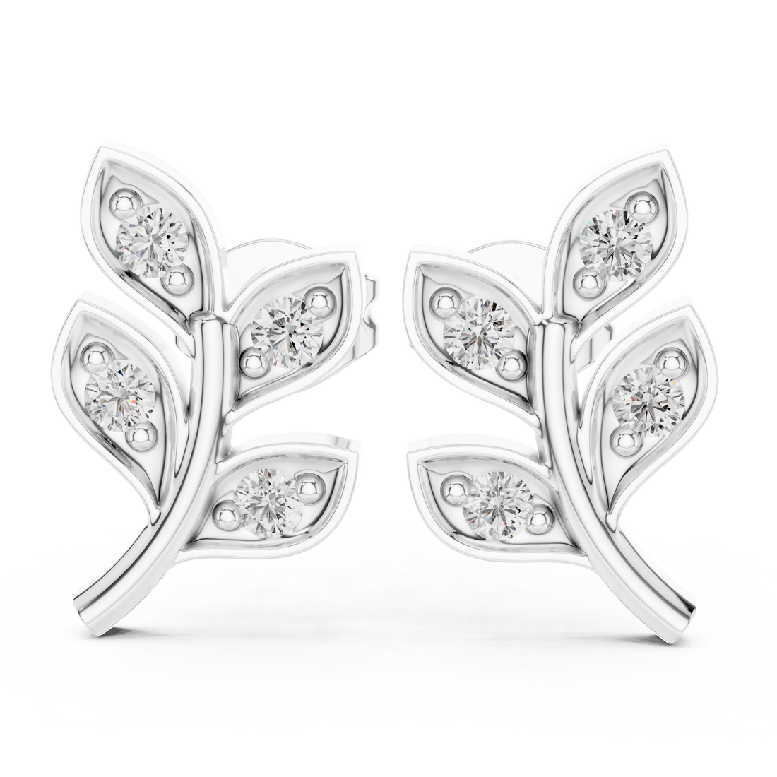 Round Brilliant Diamond Leaf Branch Stud Earrings with Nature Inspired Pavé Design