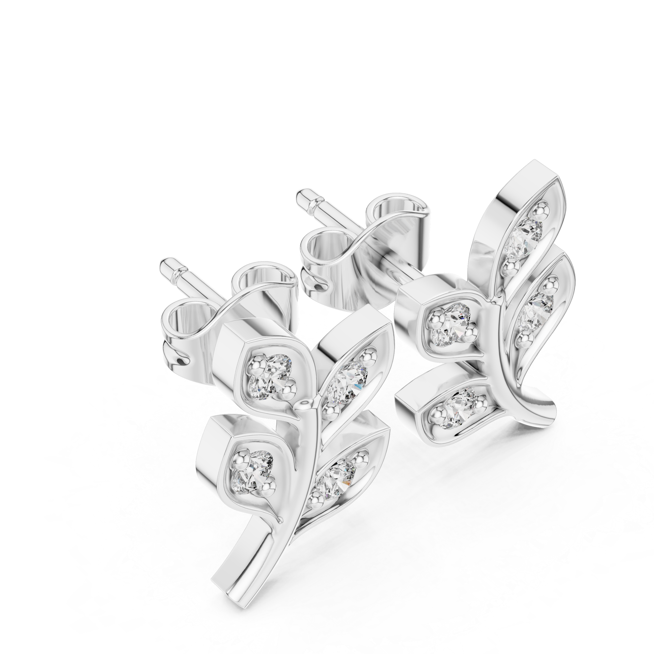 Round Brilliant Diamond Leaf Branch Stud Earrings with Nature Inspired Pavé Design