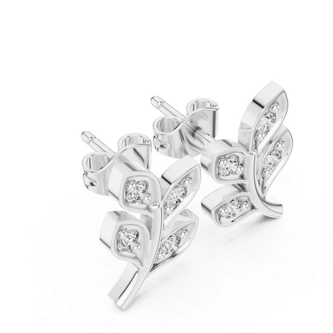 Round Brilliant Diamond Leaf Branch Stud Earrings with Nature Inspired Pavé Design