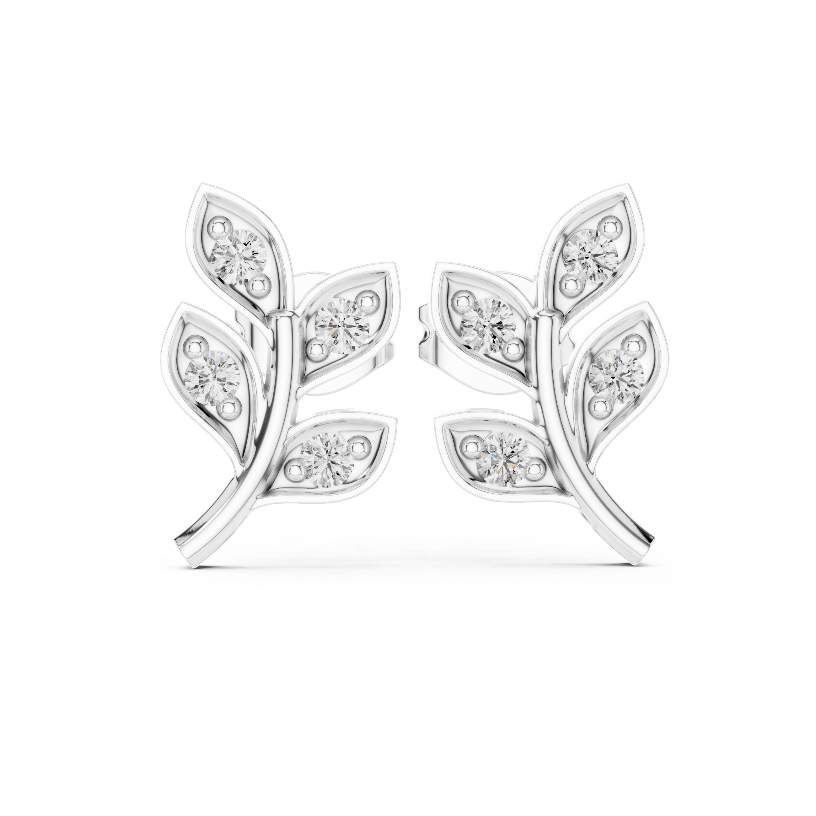 Round Brilliant Diamond Leaf Branch Stud Earrings with Nature Inspired Pavé Design