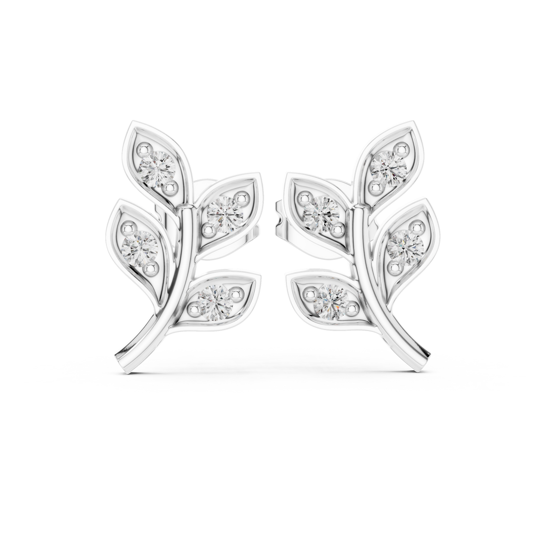 Round Brilliant Diamond Leaf Branch Stud Earrings with Nature Inspired Pavé Design