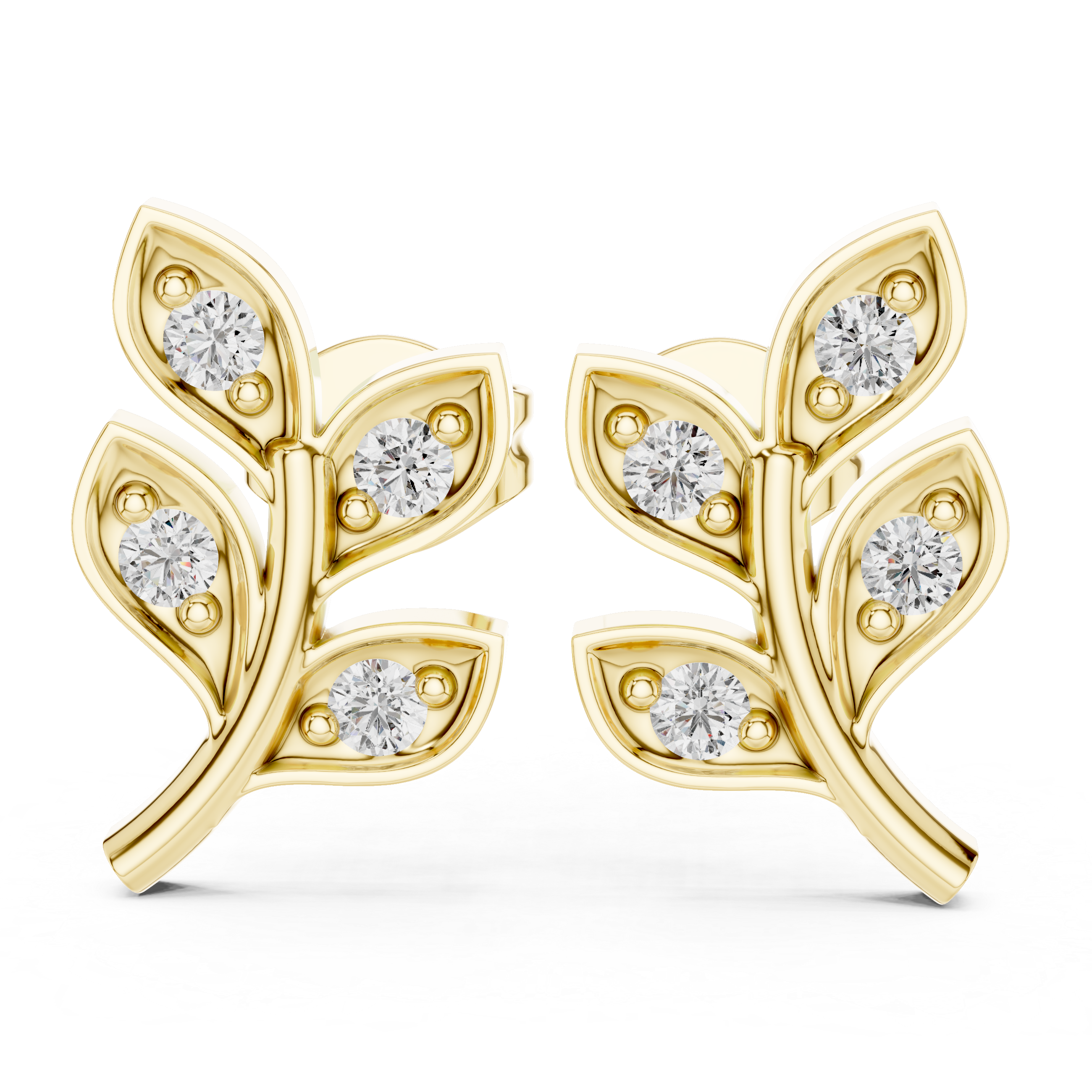 Round Brilliant Diamond Leaf Branch Stud Earrings with Nature Inspired Pavé Design