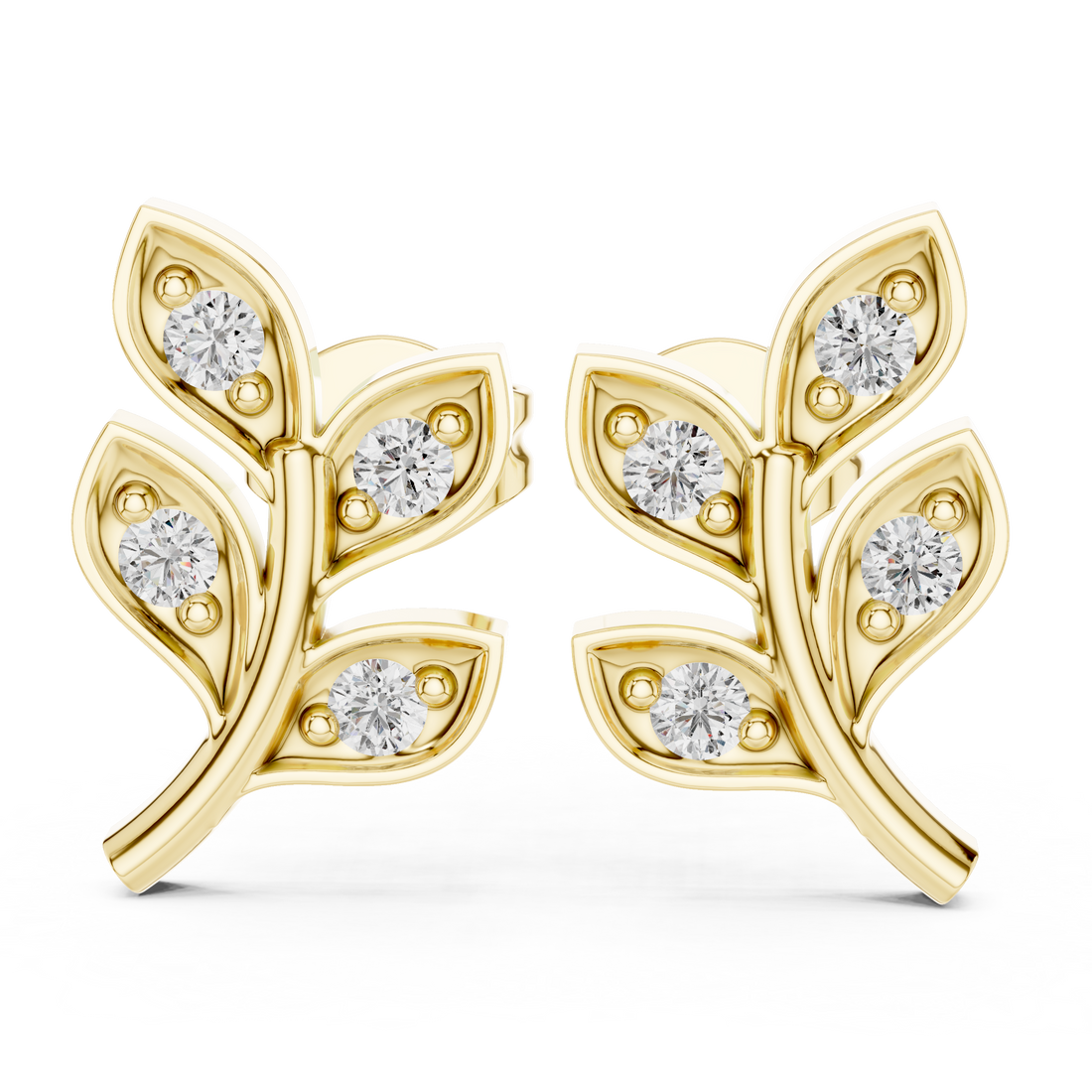 Round Brilliant Diamond Leaf Branch Stud Earrings with Nature Inspired Pavé Design