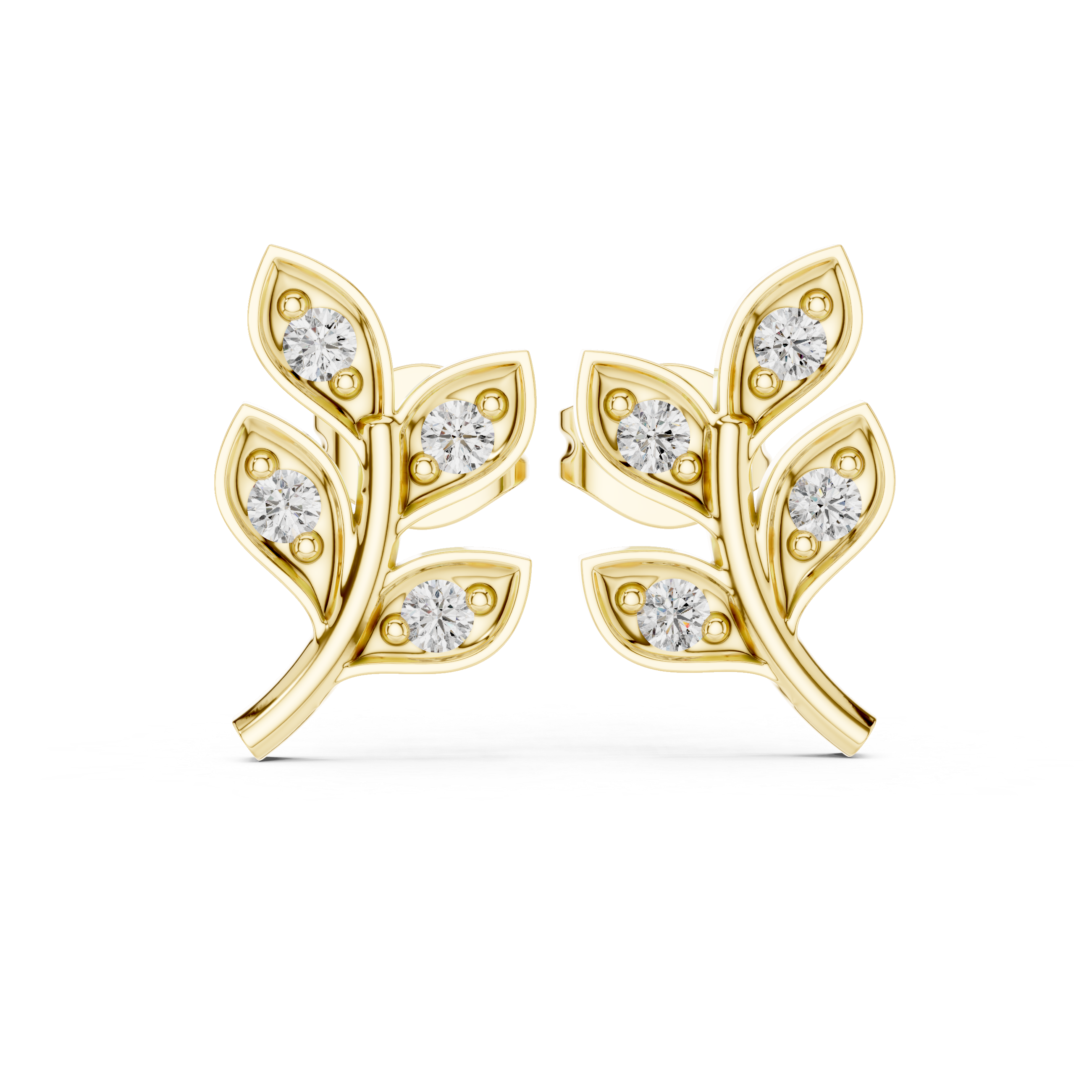 Round Brilliant Diamond Leaf Branch Stud Earrings with Nature Inspired Pavé Design