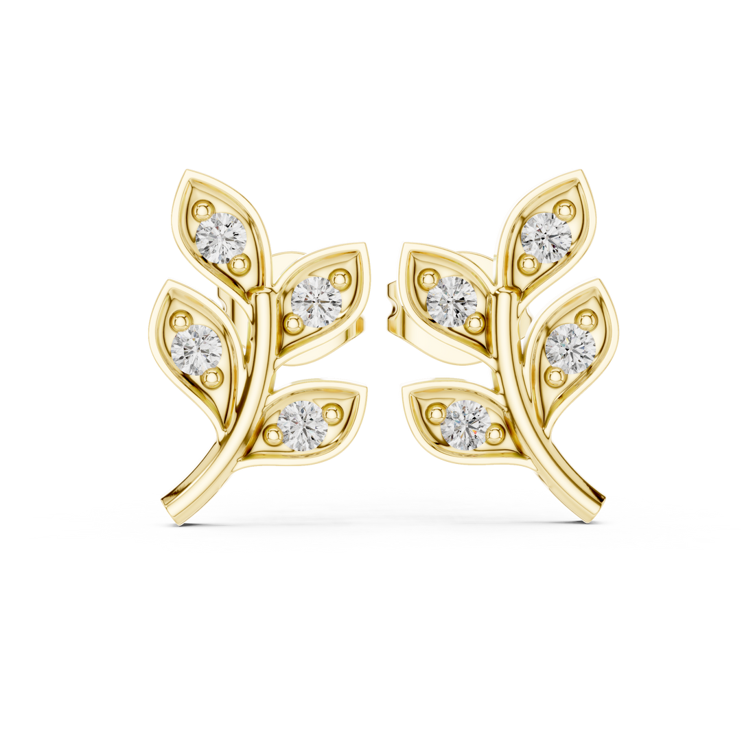 Round Brilliant Diamond Leaf Branch Stud Earrings with Nature Inspired Pavé Design