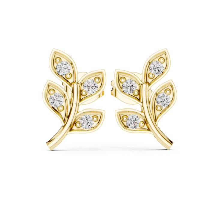 Round Brilliant Diamond Leaf Branch Stud Earrings with Nature Inspired Pavé Design