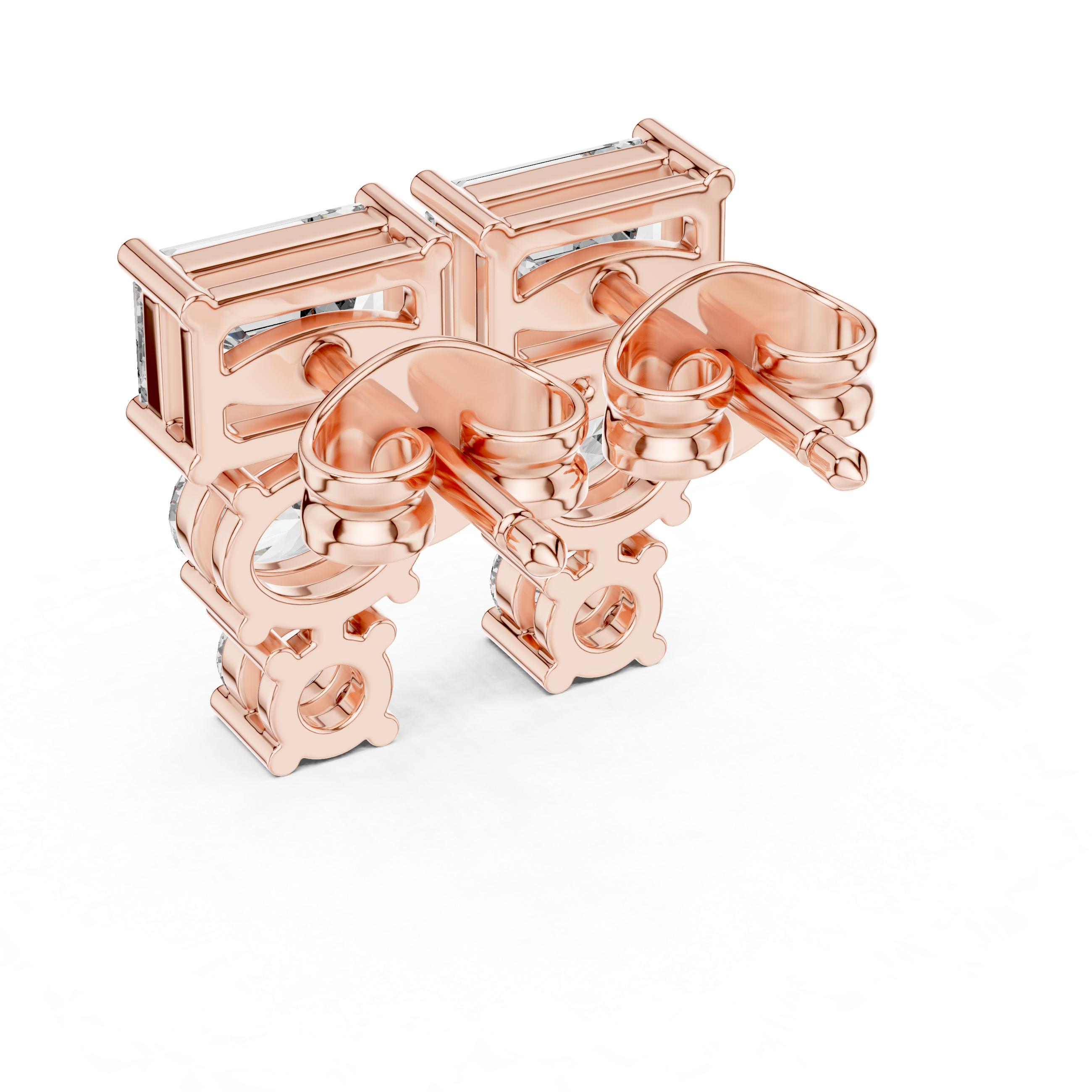 Emerald Cut and Round Diamond Three Stone Drop Stud Earrings