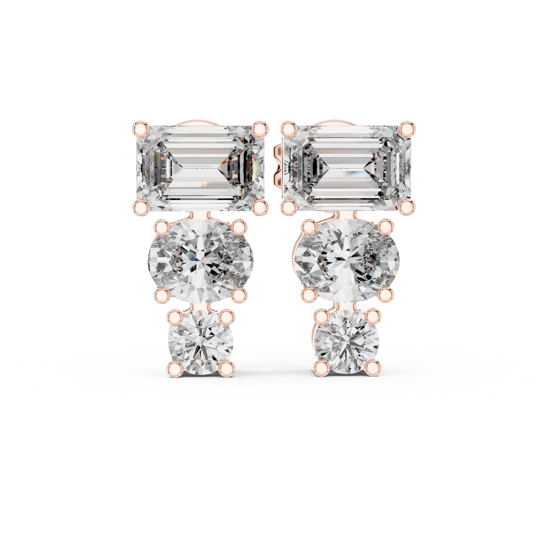 Emerald Cut and Round Diamond Three Stone Drop Stud Earrings