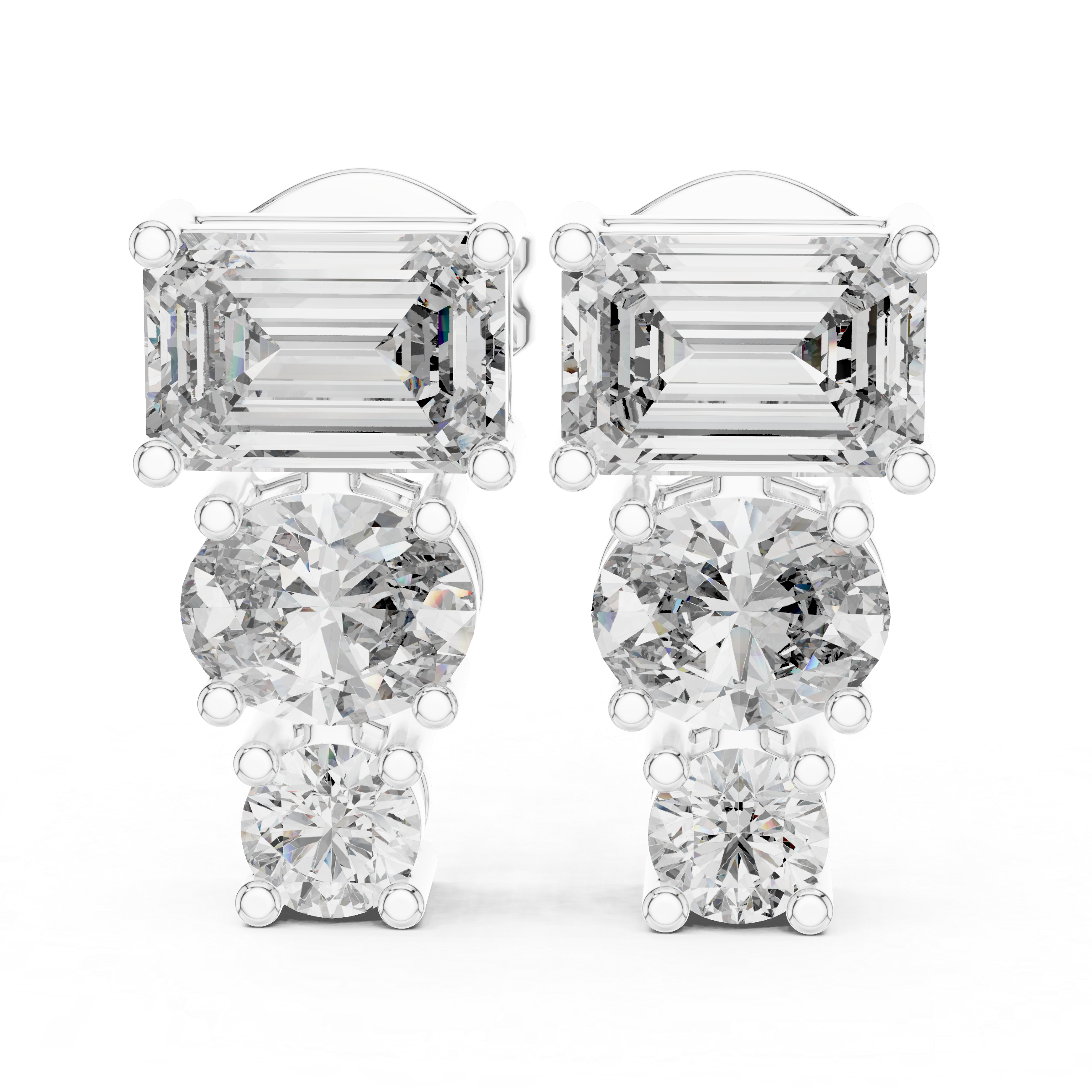 Emerald Cut and Round Diamond Three Stone Drop Stud Earrings