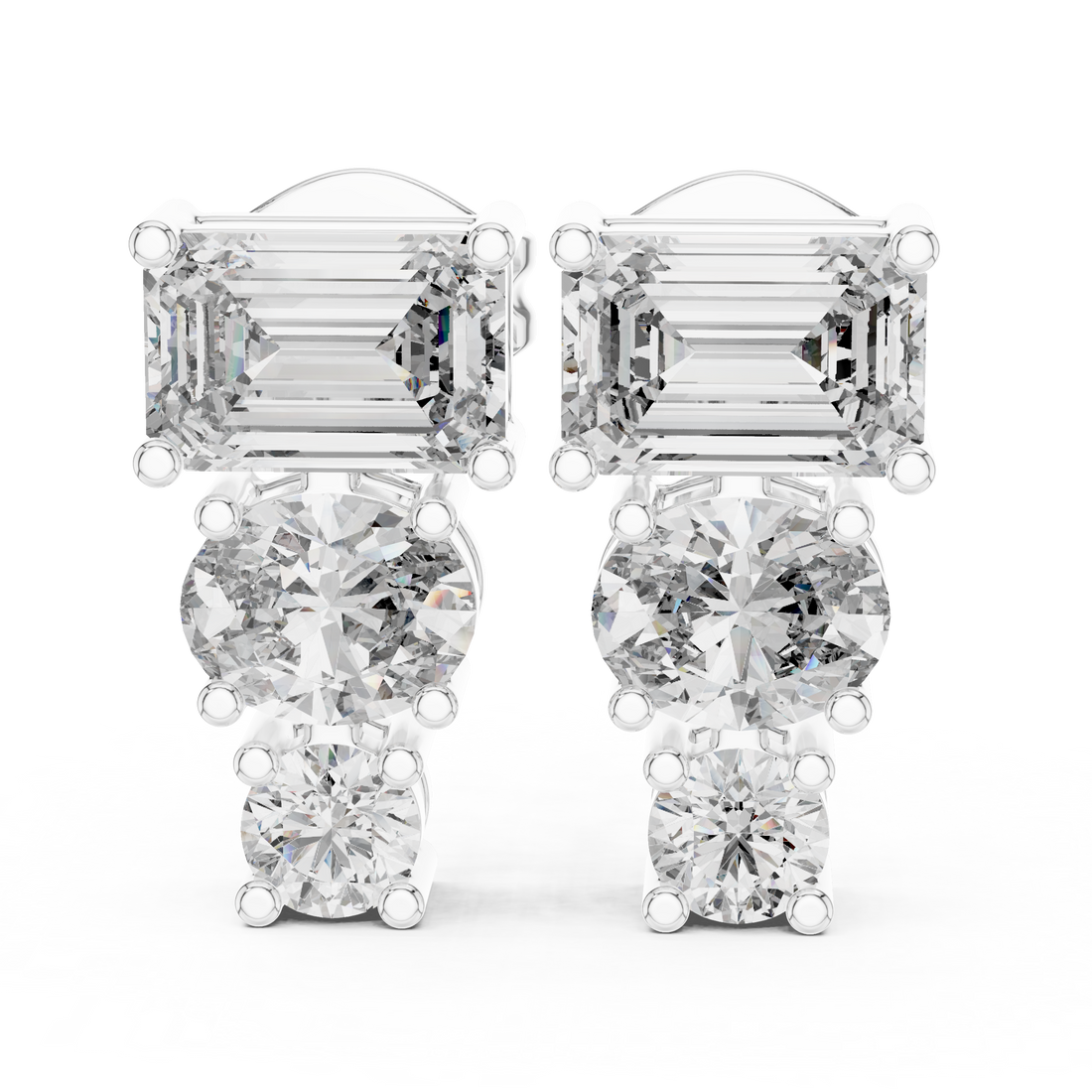 Emerald Cut and Round Diamond Three Stone Drop Stud Earrings