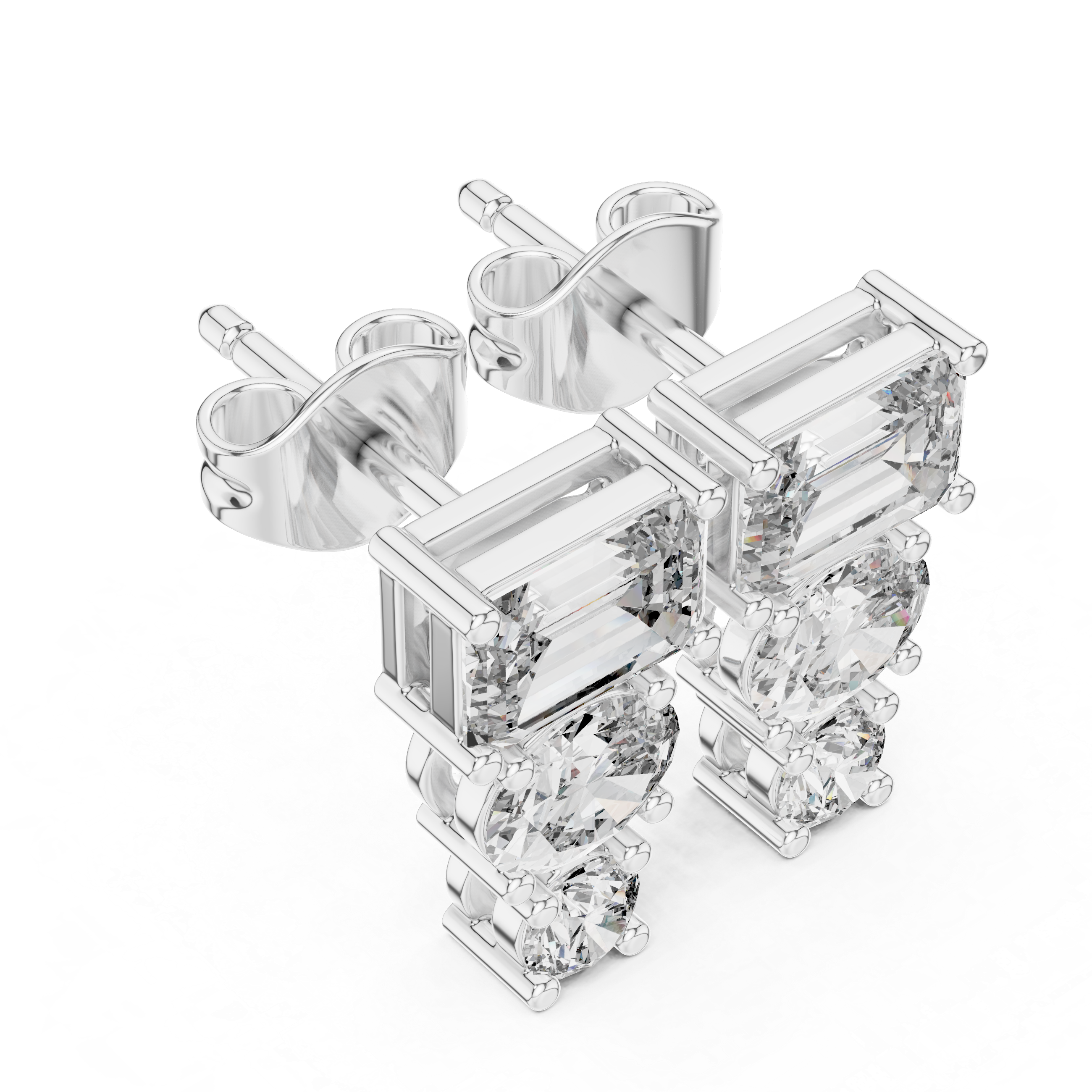 Emerald Cut and Round Diamond Three Stone Drop Stud Earrings