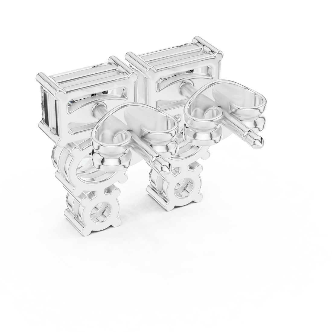 Emerald Cut and Round Diamond Three Stone Drop Stud Earrings