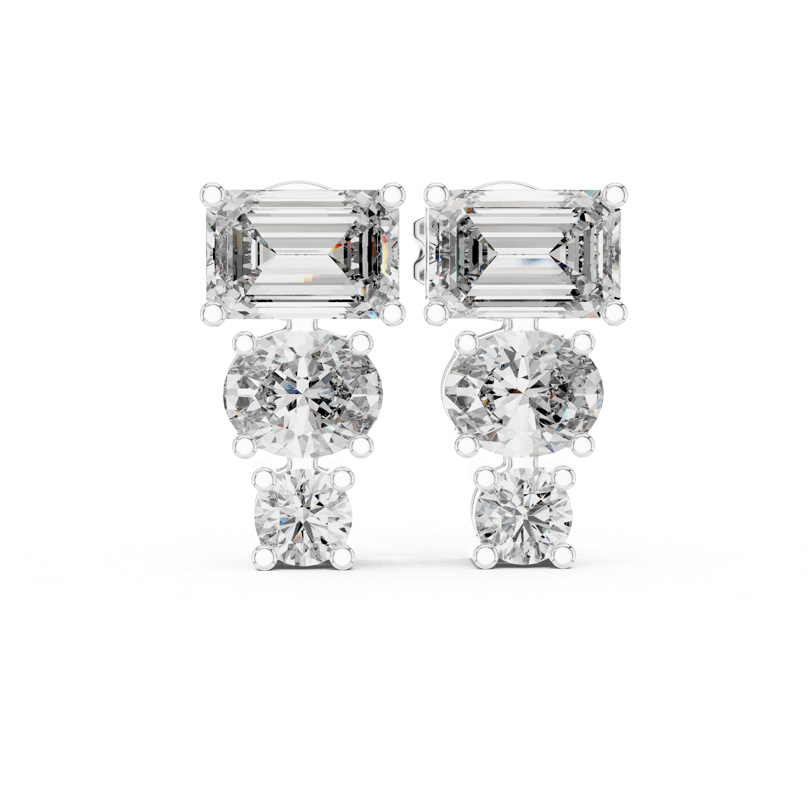 Emerald Cut and Round Diamond Three Stone Drop Stud Earrings