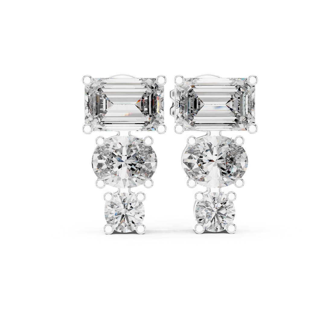 Emerald Cut and Round Diamond Three Stone Drop Stud Earrings