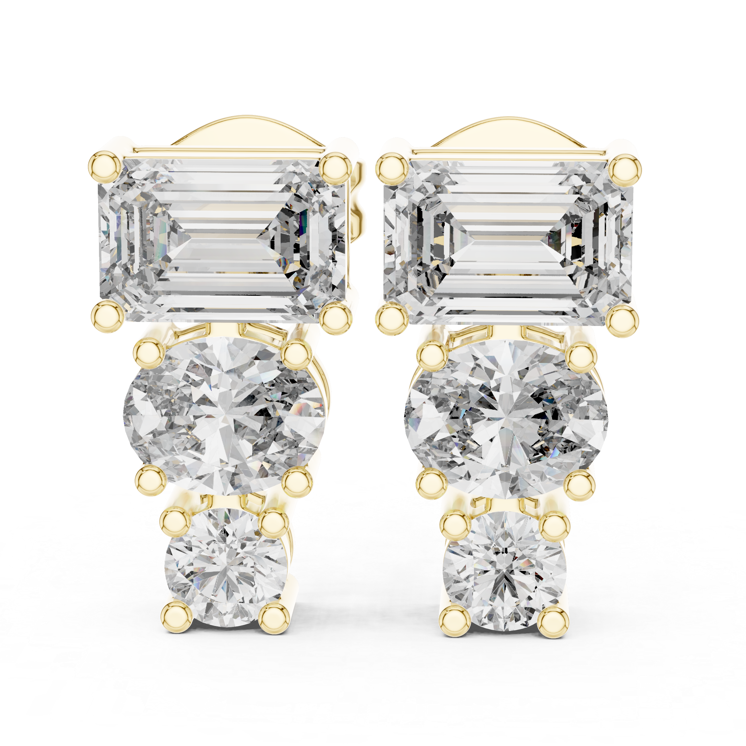 Emerald Cut and Round Diamond Three Stone Drop Stud Earrings