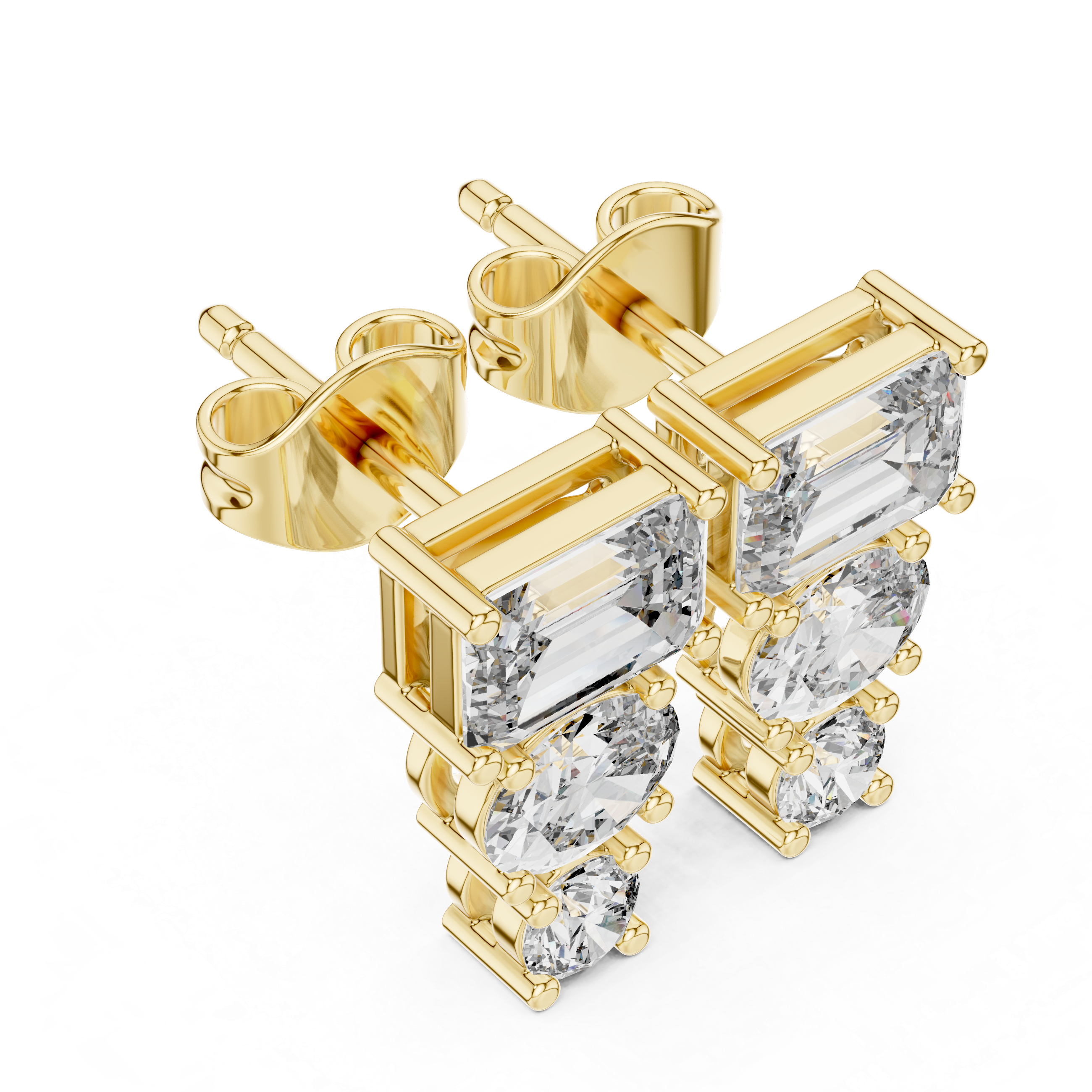 Emerald Cut and Round Diamond Three Stone Drop Stud Earrings