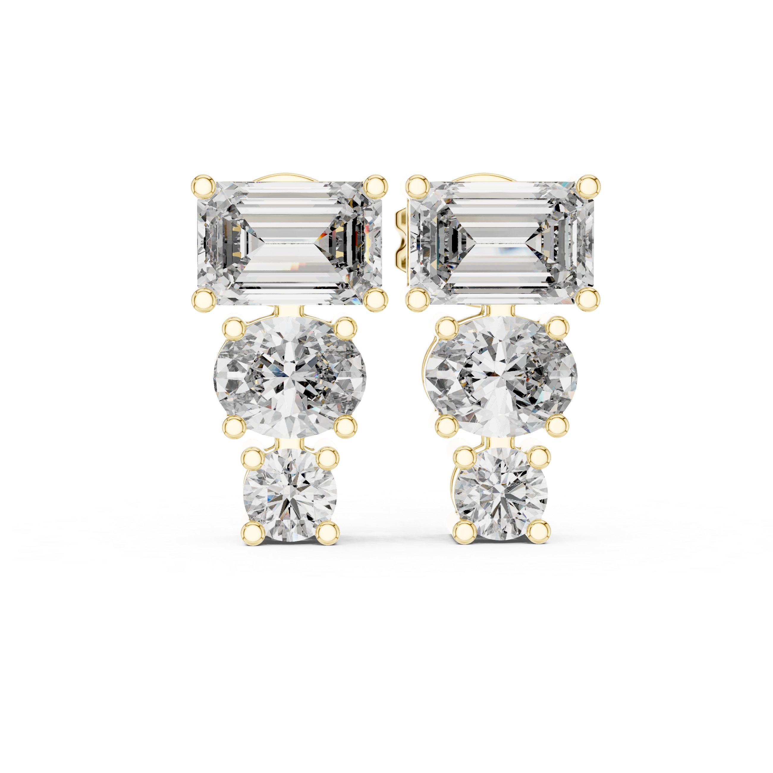 Emerald Cut and Round Diamond Three Stone Drop Stud Earrings