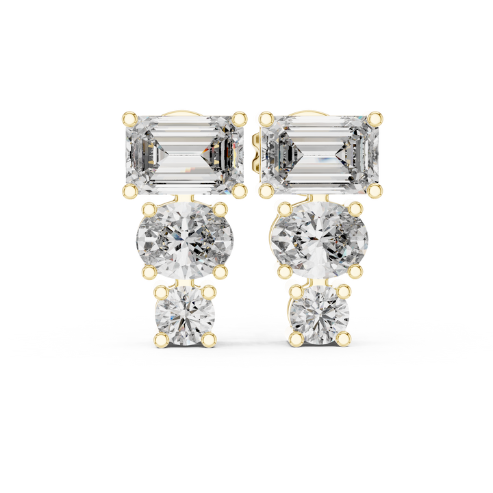 Emerald Cut and Round Diamond Three Stone Drop Stud Earrings