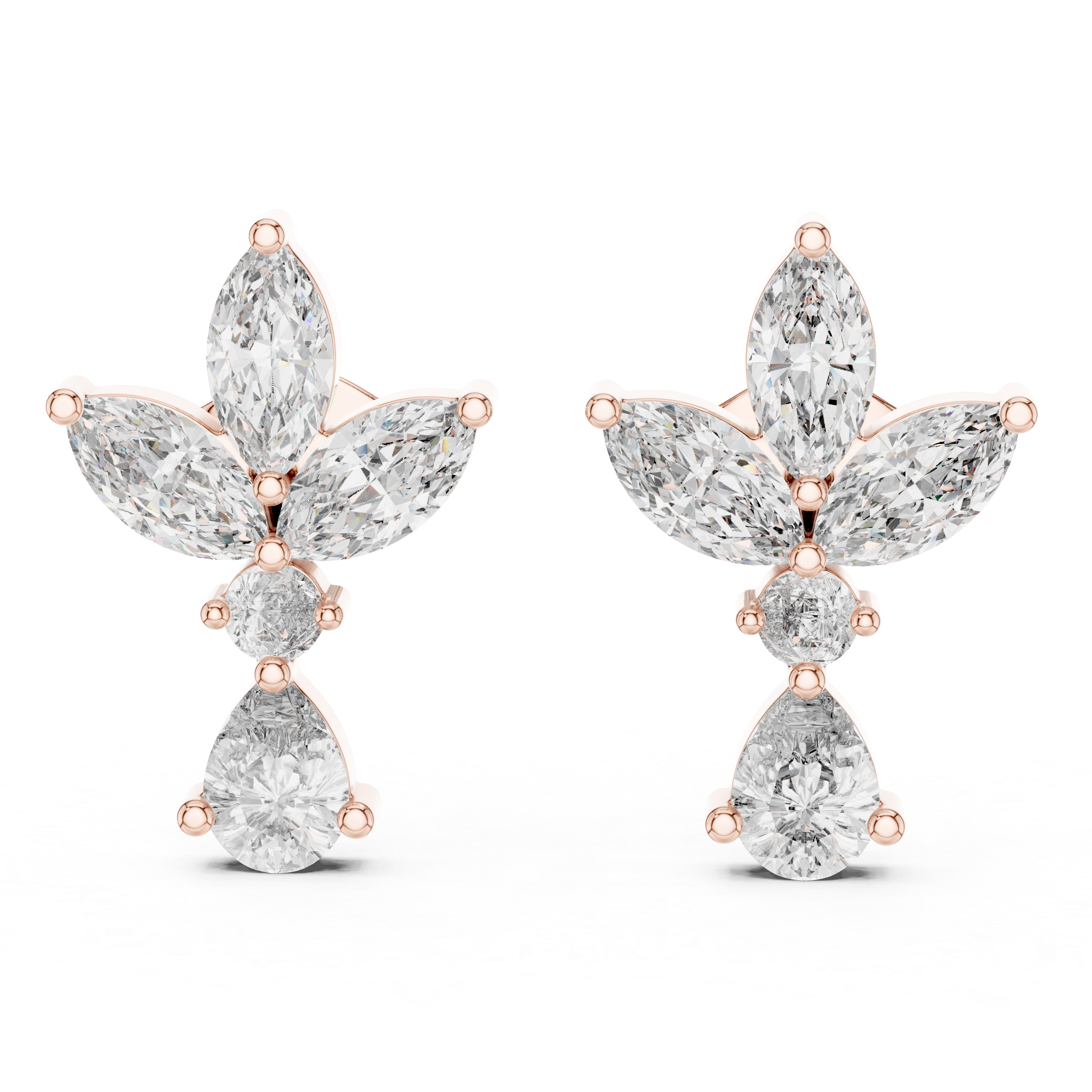 Marquise and Pear Diamond Floral Cluster Drop Stud Earrings