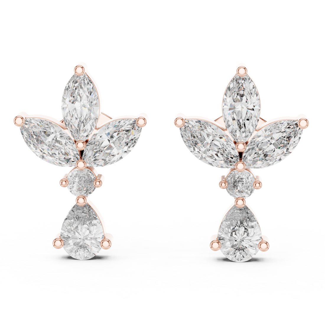 Marquise and Pear Diamond Floral Cluster Drop Stud Earrings