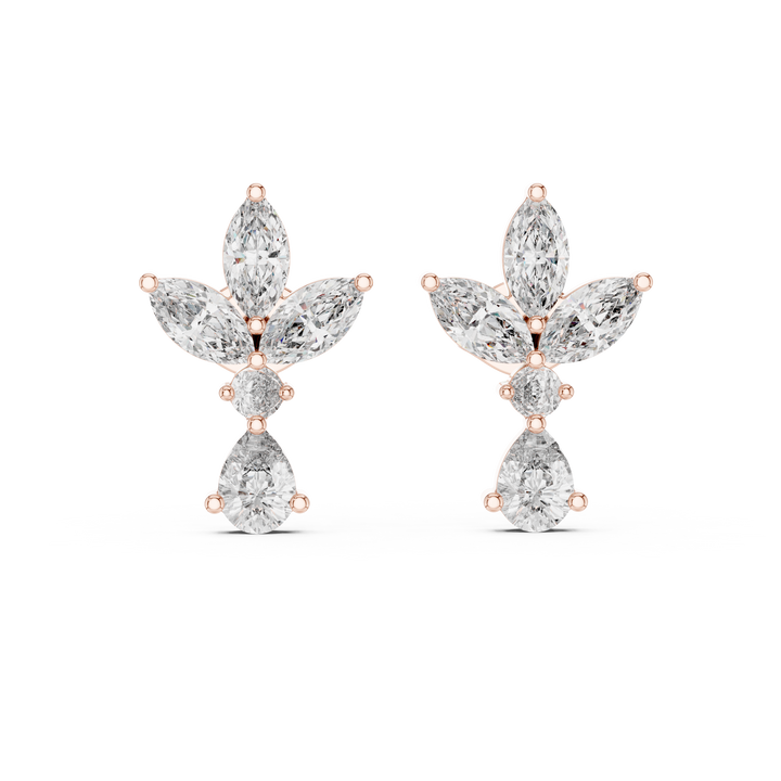 Marquise and Pear Diamond Floral Cluster Drop Stud Earrings