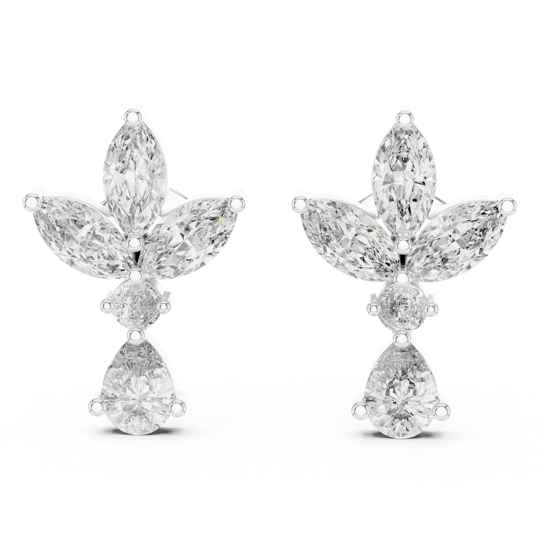 Marquise and Pear Diamond Floral Cluster Drop Stud Earrings