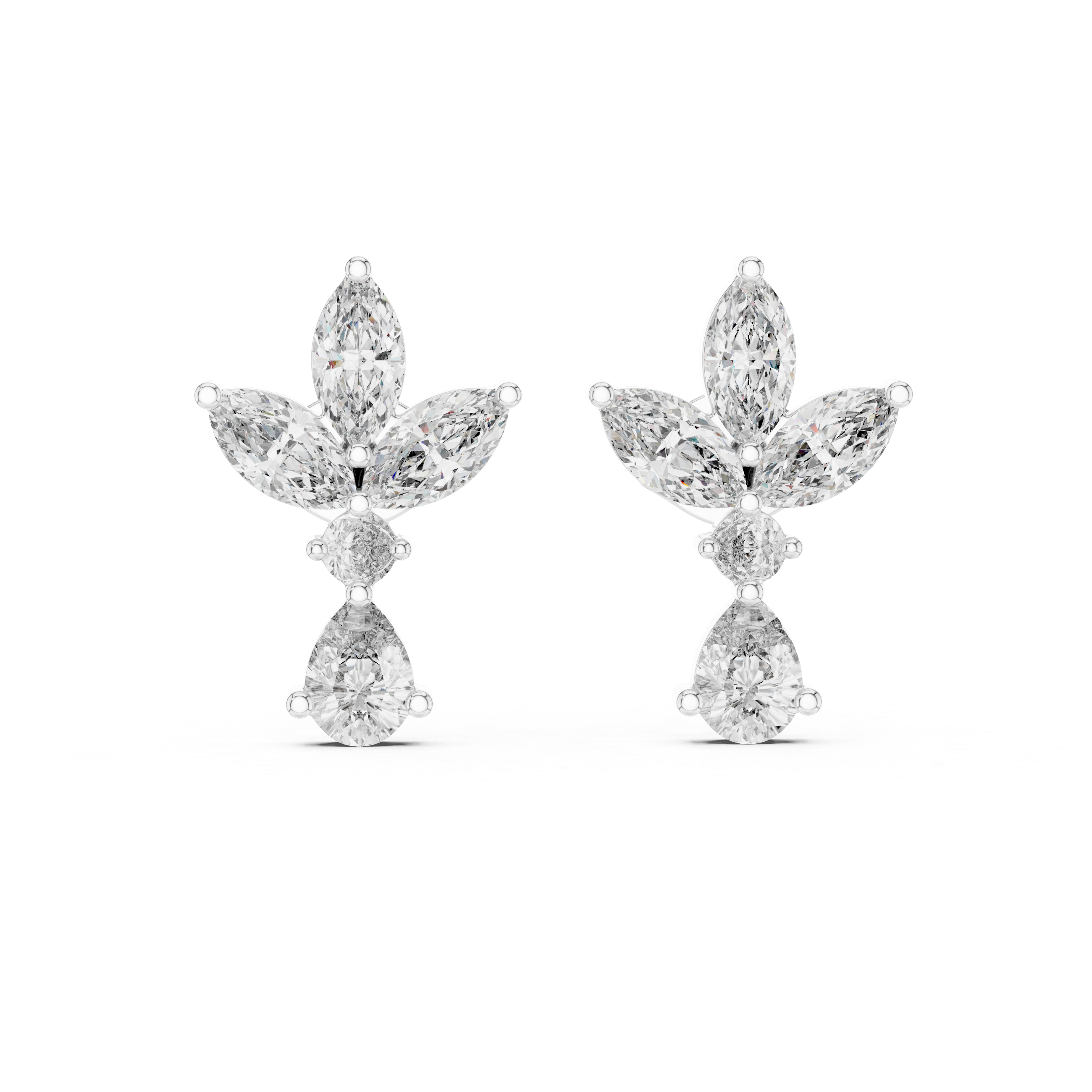 Marquise and Pear Diamond Floral Cluster Drop Stud Earrings