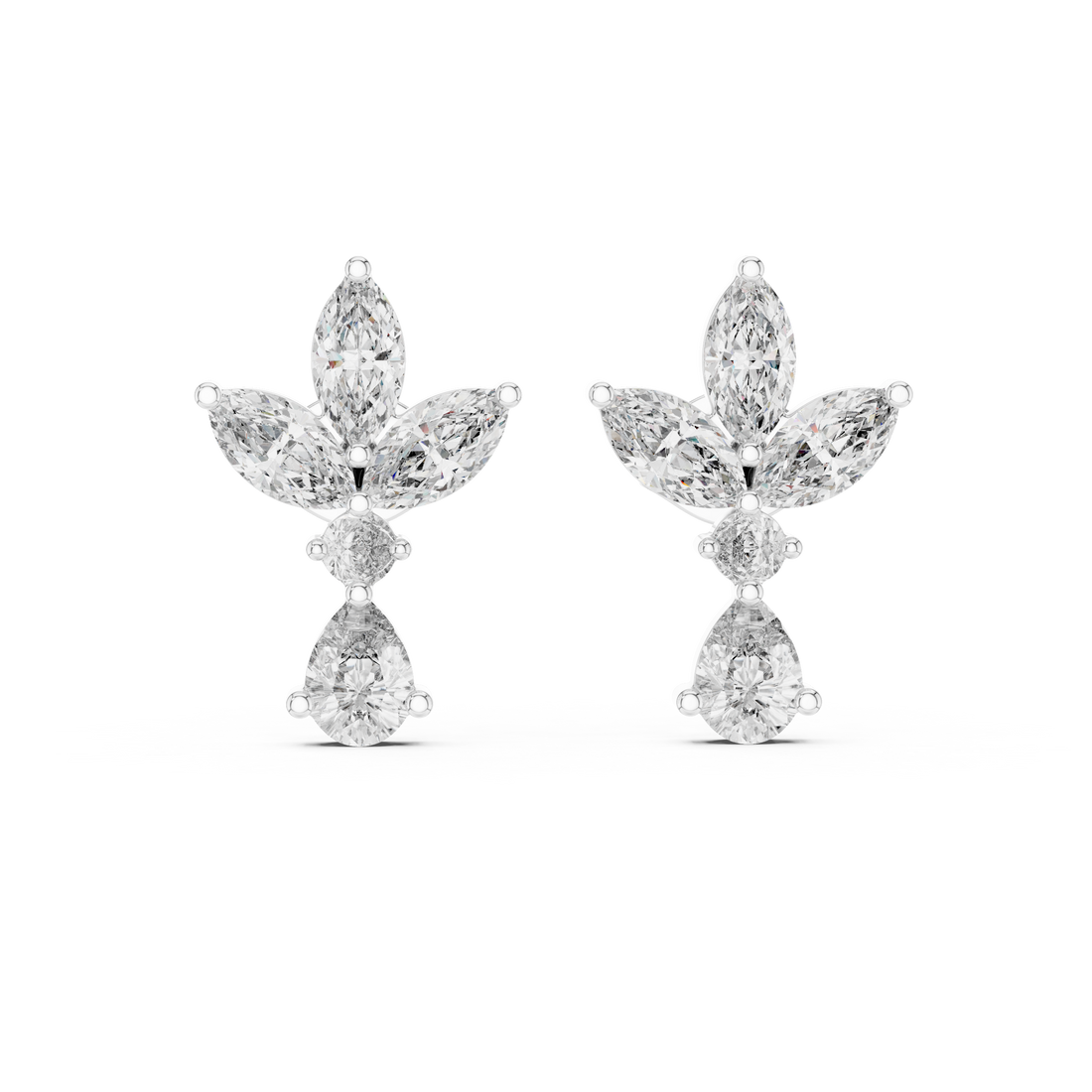 Marquise and Pear Diamond Floral Cluster Drop Stud Earrings