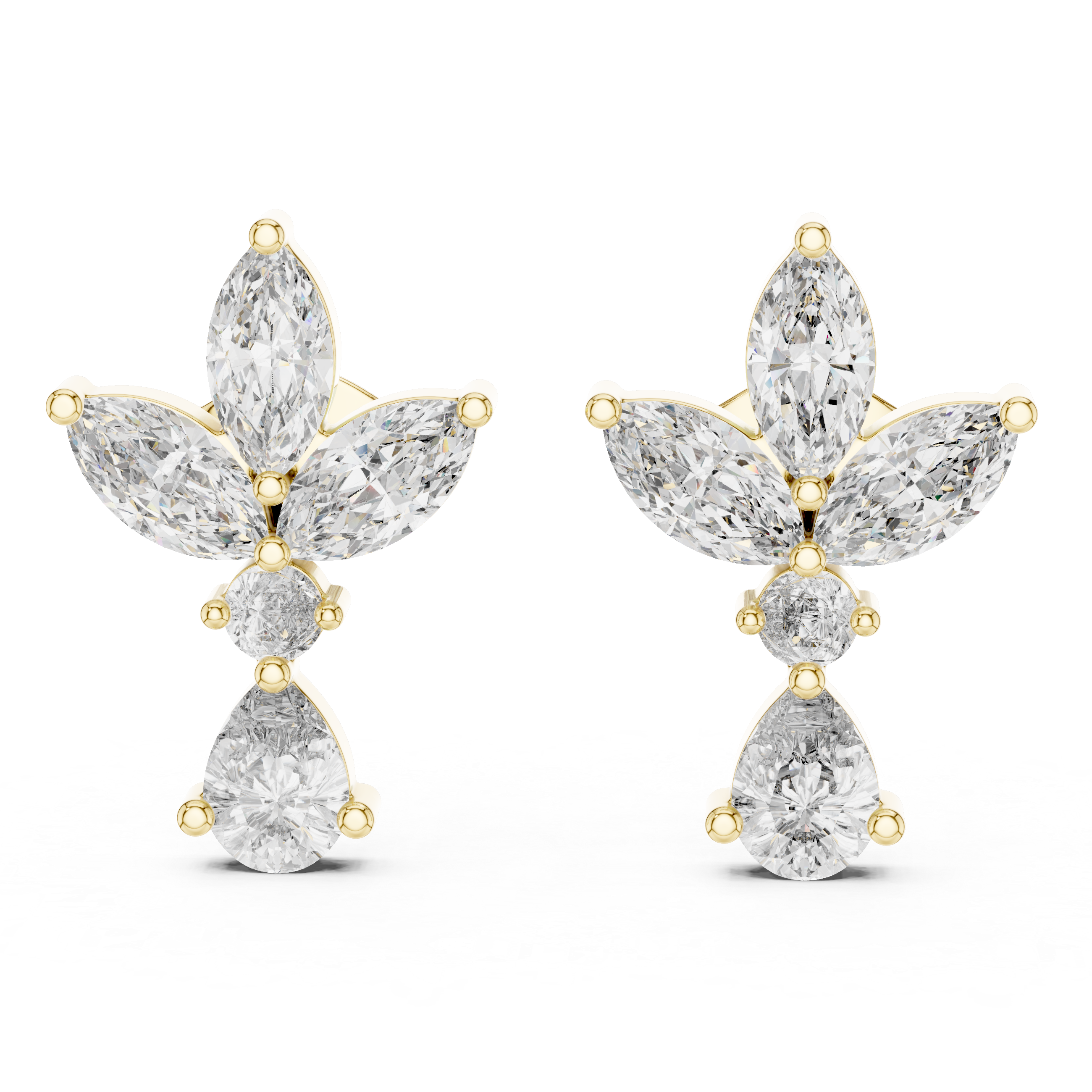 Marquise and Pear Diamond Floral Cluster Drop Stud Earrings