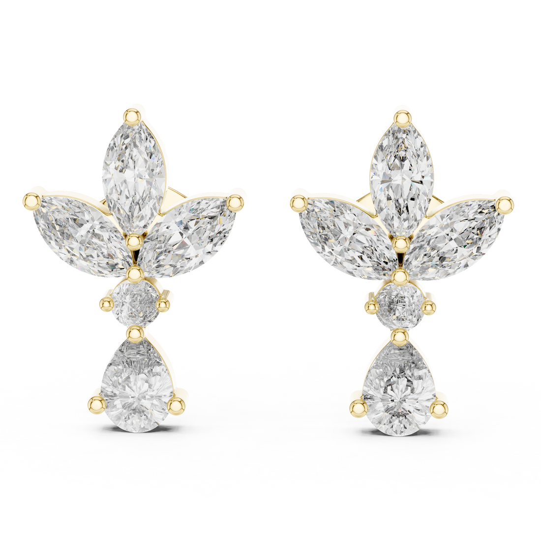 Marquise and Pear Diamond Floral Cluster Drop Stud Earrings