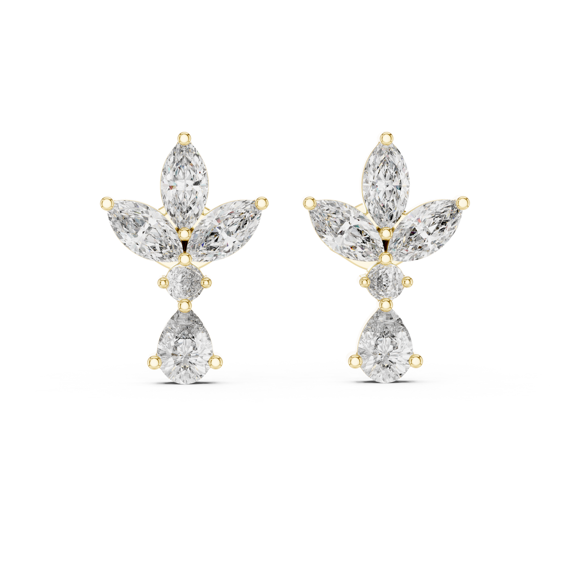Marquise and Pear Diamond Floral Cluster Drop Stud Earrings