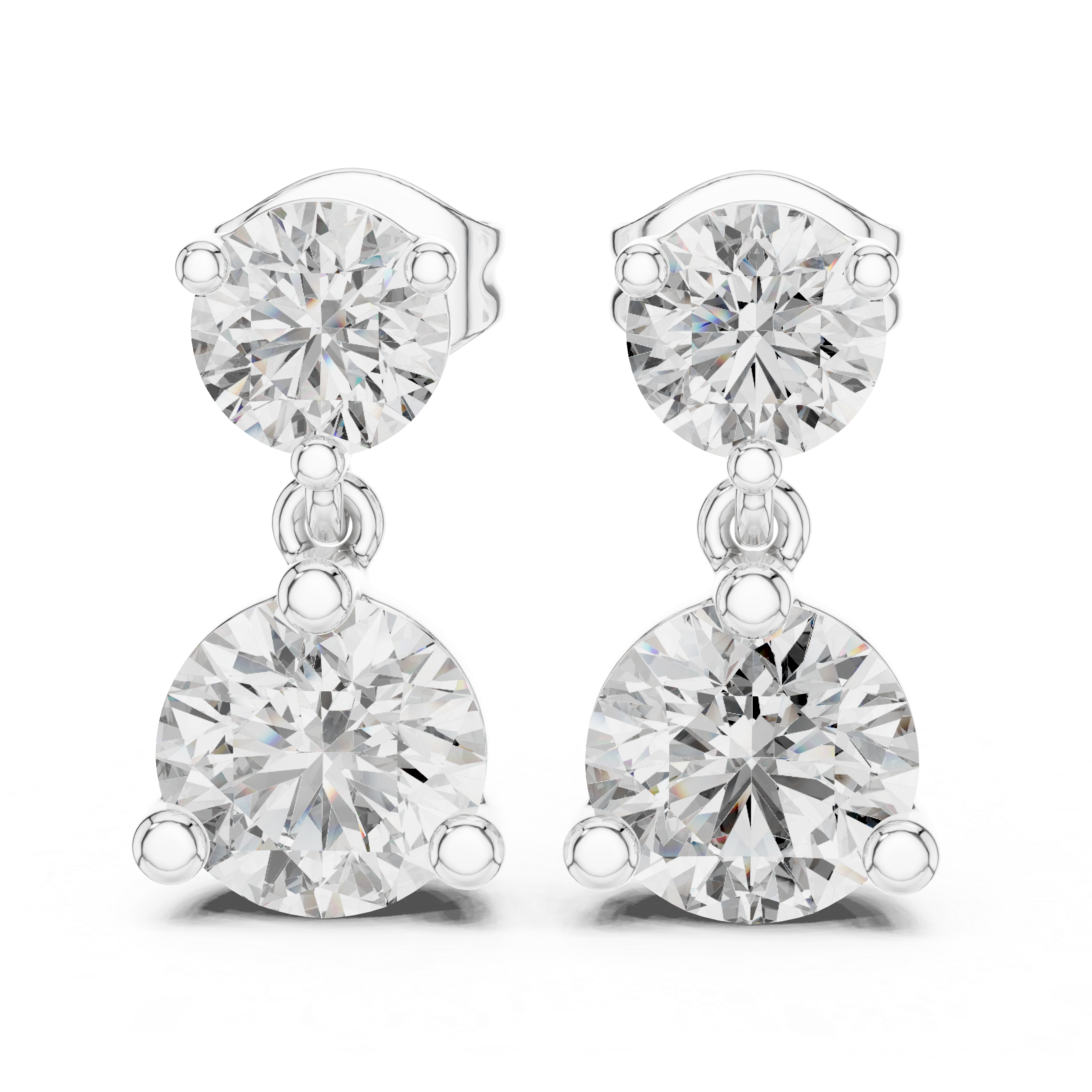 Round Brilliant Diamond Two Stone Drop Stud Earrings