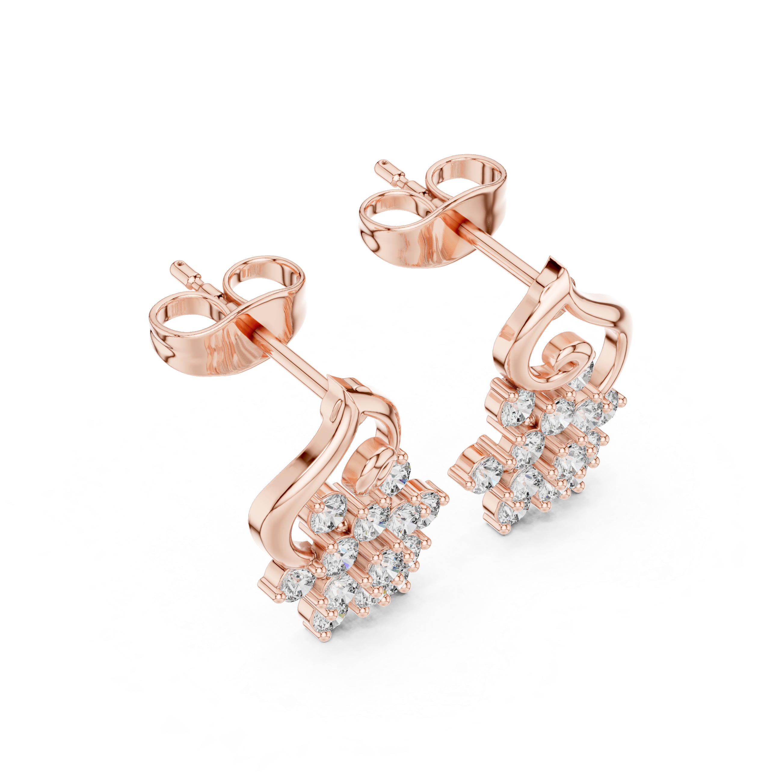 Floral cluster scroll stud earrings with round cut diamonds