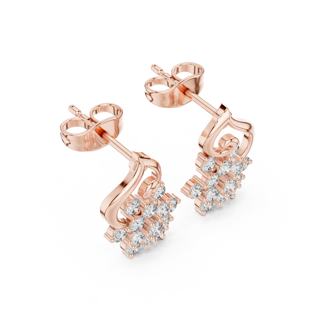 Floral cluster scroll stud earrings with round cut diamonds