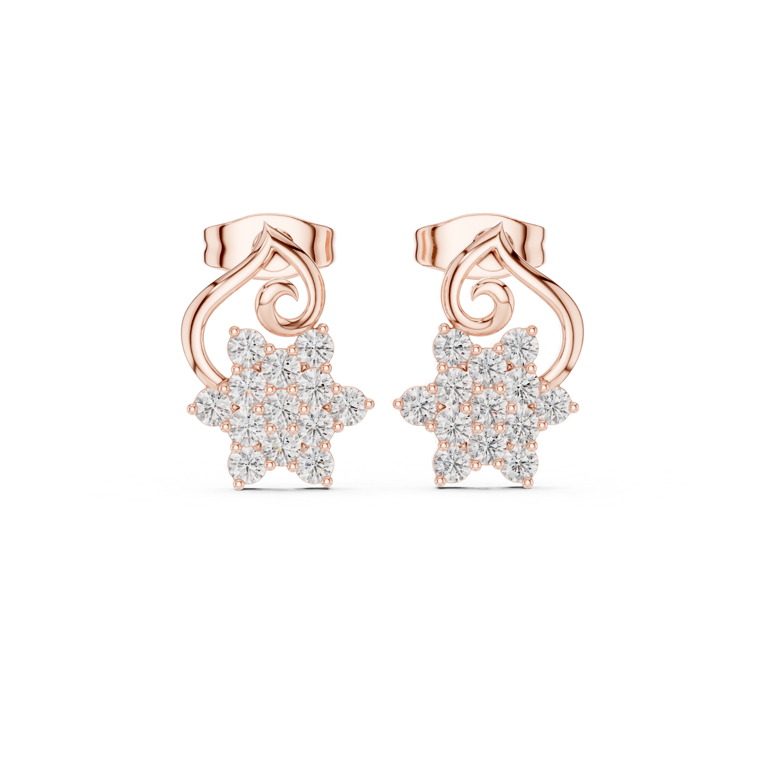 Round cut diamond floral cluster scroll stud earrings
