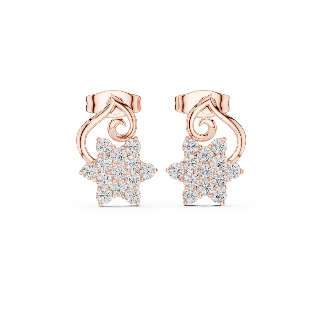 Round cut diamond floral cluster scroll stud earrings