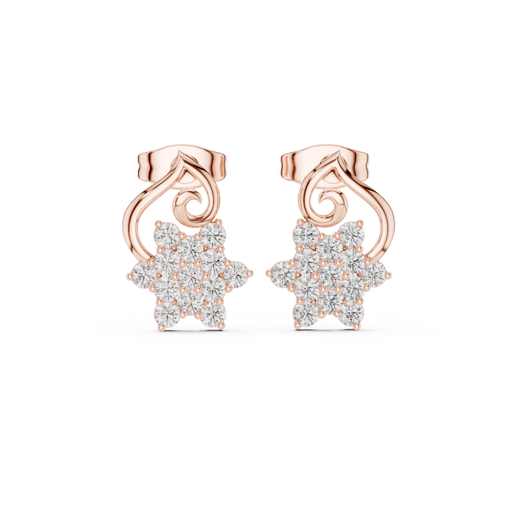 Round cut diamond floral cluster scroll stud earrings