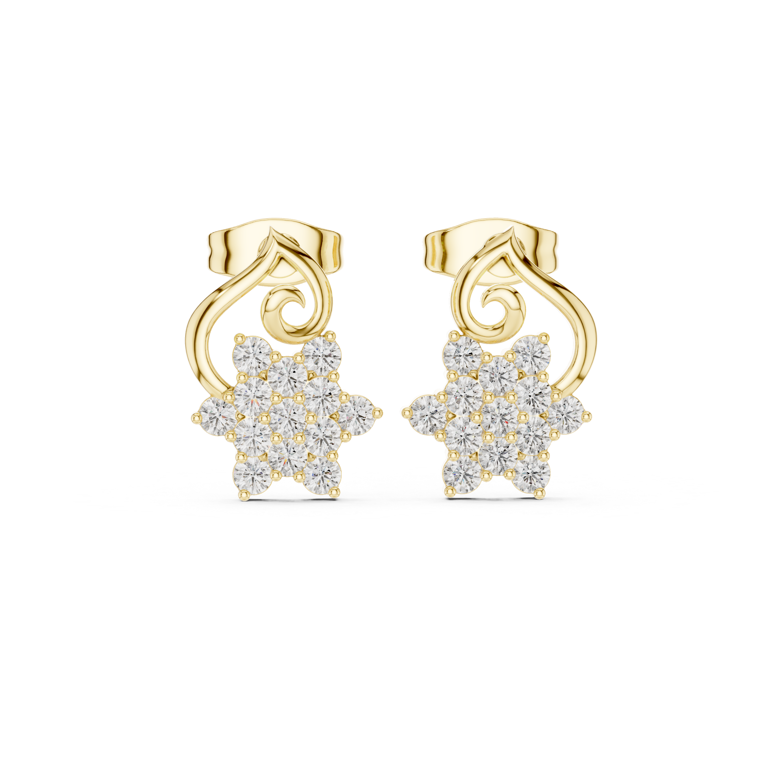 High shine round cut diamond floral cluster scroll stud earrings