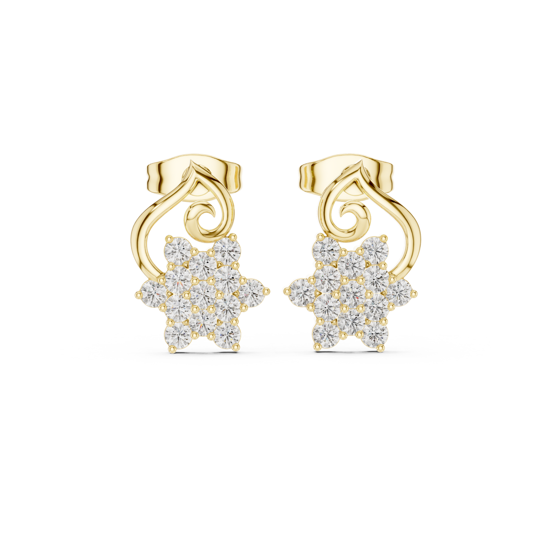 High shine round cut diamond floral cluster scroll stud earrings