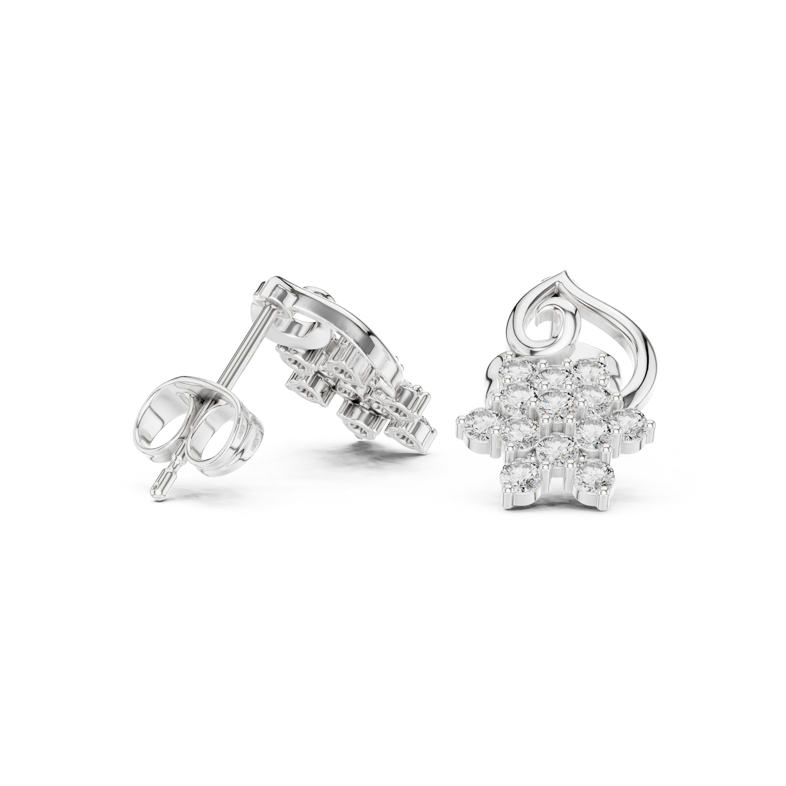 Close-up of round cut diamond floral cluster scroll stud earrings detail