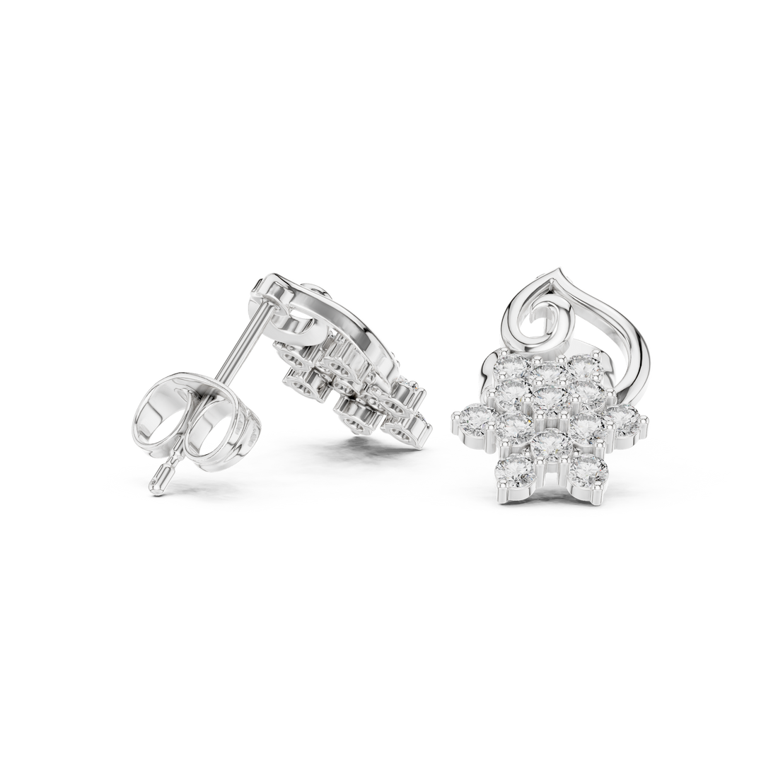 Close-up of round cut diamond floral cluster scroll stud earrings detail