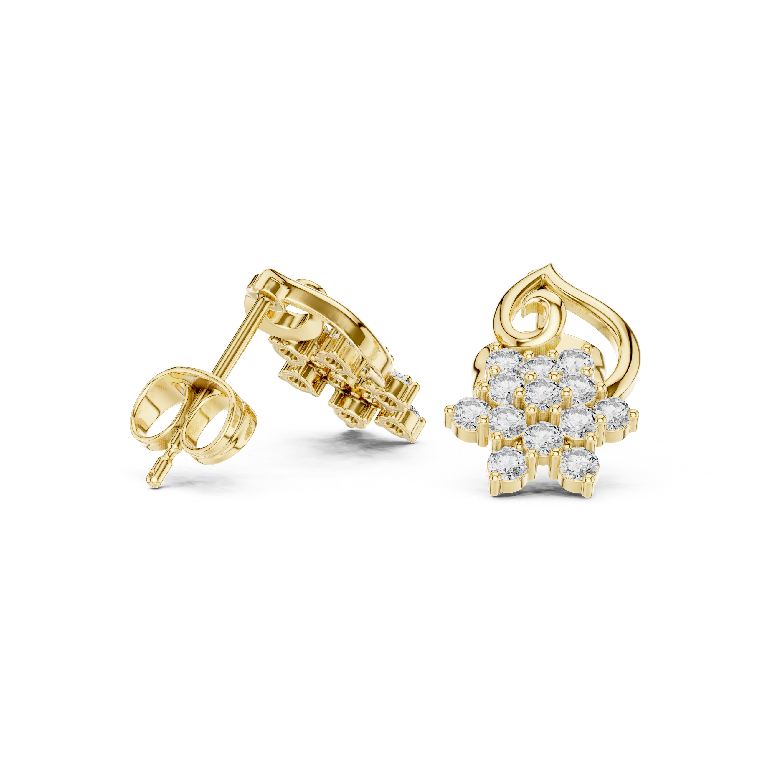 Premium round diamond floral cluster scroll stud earrings modern design