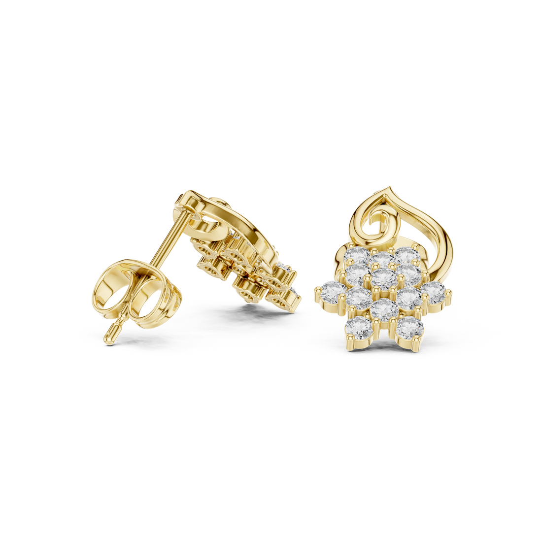 Premium round diamond floral cluster scroll stud earrings modern design