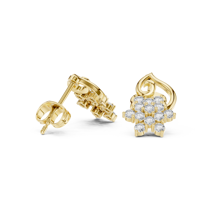 Premium round diamond floral cluster scroll stud earrings modern design