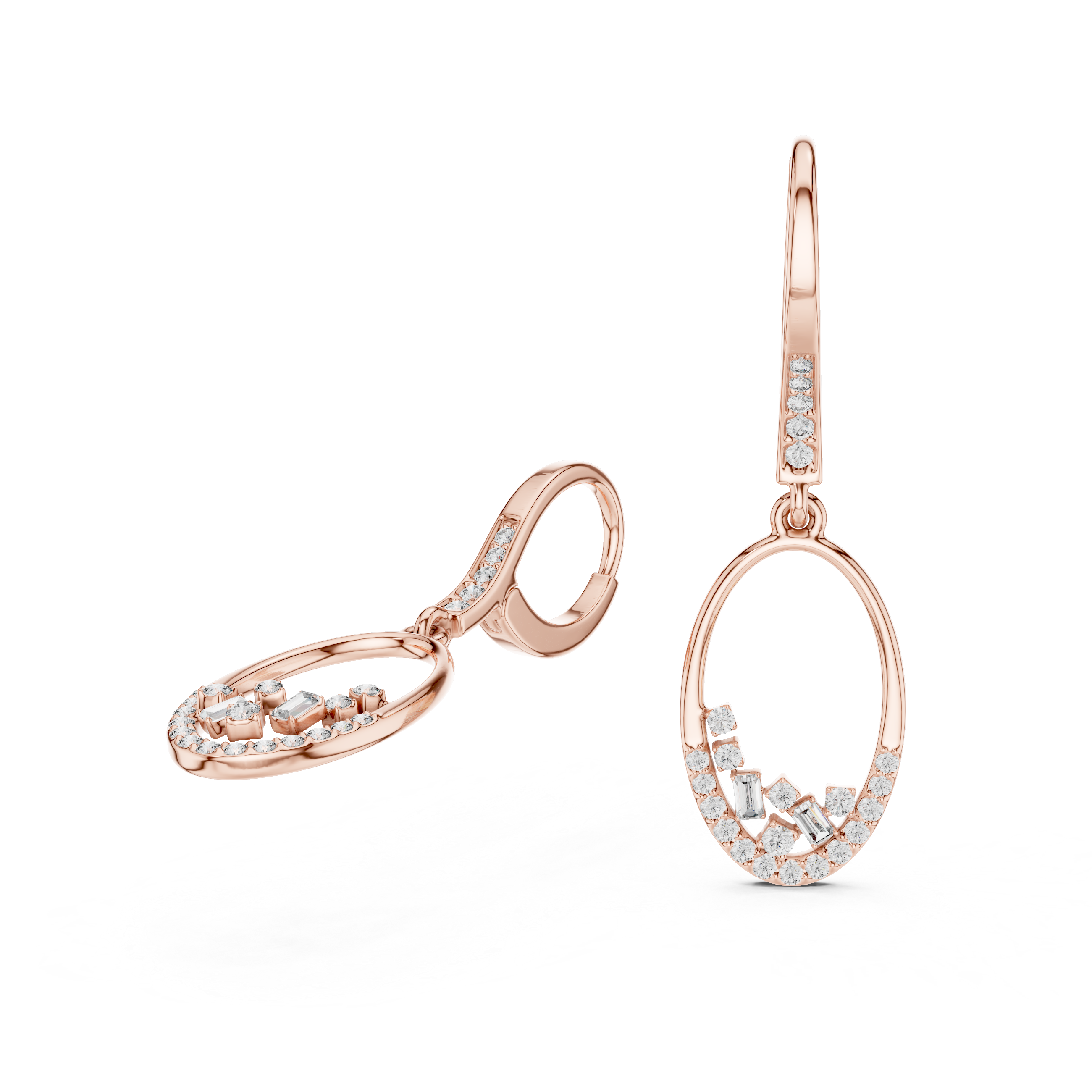 Oval Pavé Diamond Drop Earrings with Baguette Accents