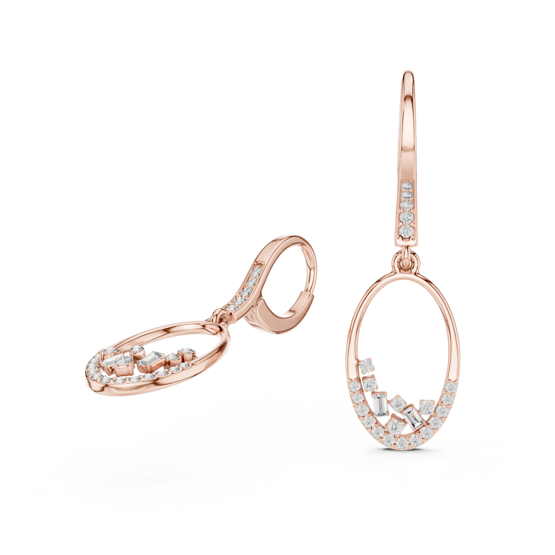 Oval Pavé Diamond Drop Earrings with Baguette Accents