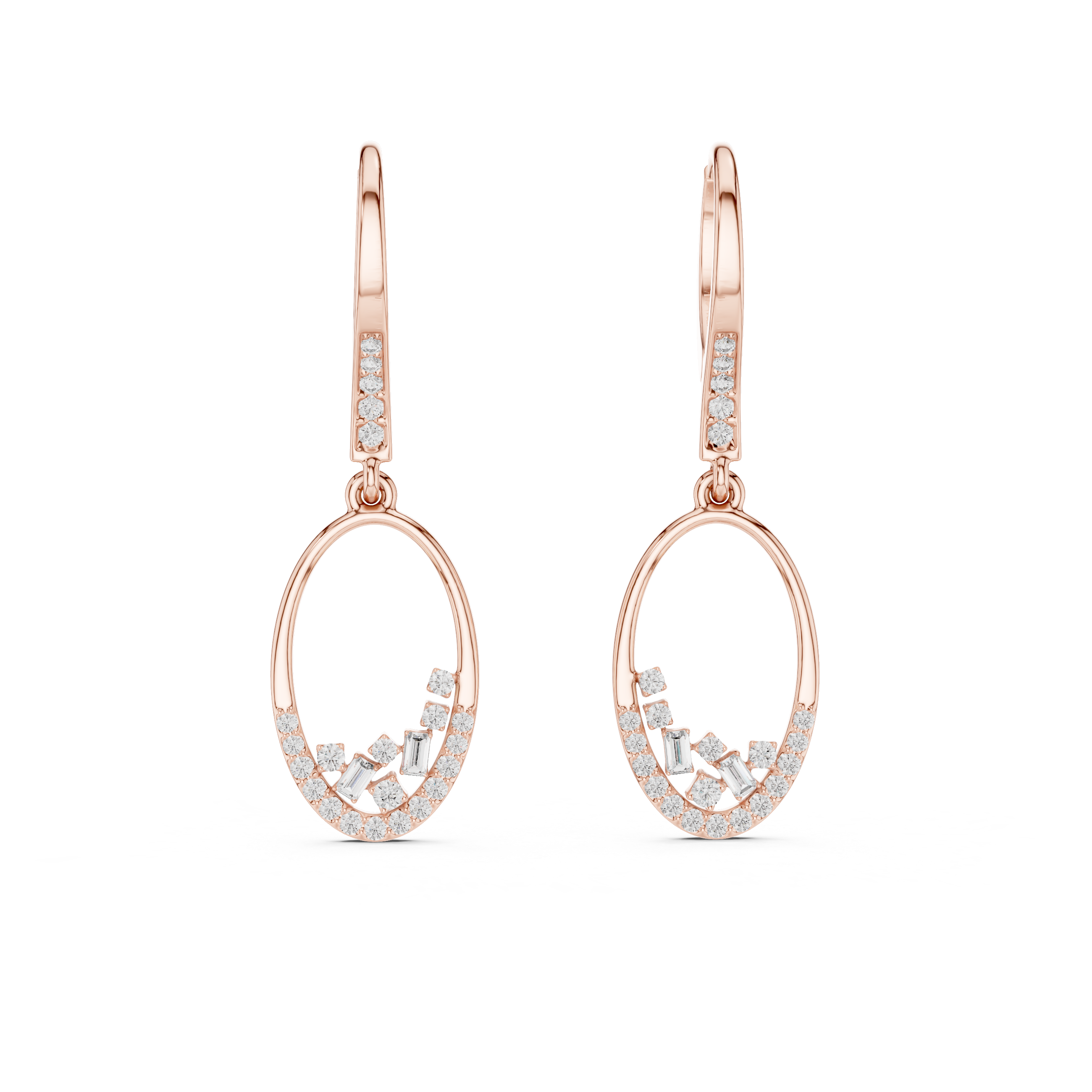 Oval Pavé Diamond Drop Earrings with Baguette Accents