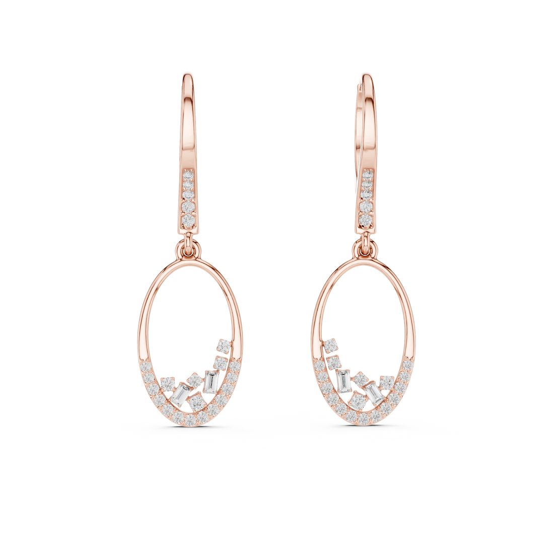 Oval Pavé Diamond Drop Earrings with Baguette Accents